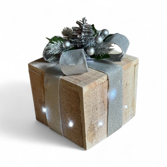 Alpine Christmas Lighted Gift Box Set 3 Pcs Wood Silver Ribbon Led Holiday Decor - Picture 3 of 8